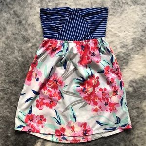 Strapless mini dress w/ stripes and florals